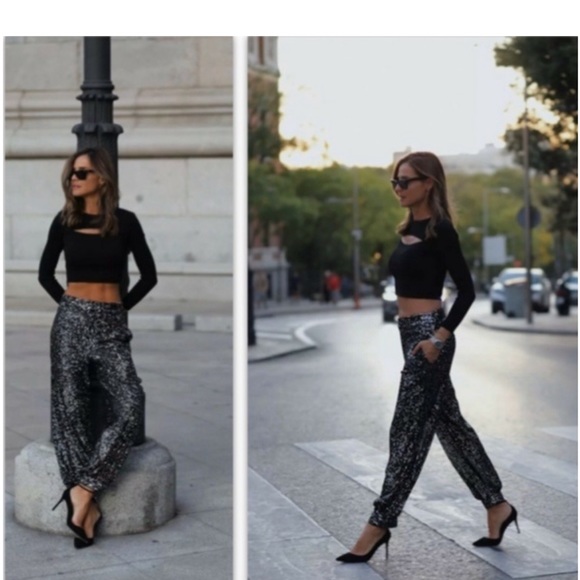 zara black sequin pants sz XL - Picture 11 of 11